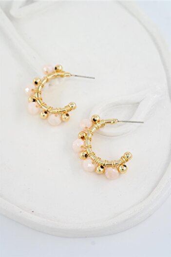 By Zeyna Aksesuar Women's Special Design Powder Pink Crystal Stone and Beaded 3 Cm Hoop Earrings