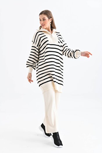Big Line Striped Oversize Tunic, Sweater and Pants Knitwear Set - Zippered Long Hijab
