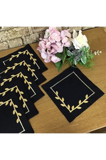 OYA home Under Coffee Presentation Napkin Set -6 Pieces - Black Background & Gold Crown Flower