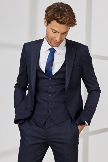 ALTINYILDIZ CLASSICS Men's Navy Blue Extra Slim Fit Slim Fit Wool Dobby Vest Suit