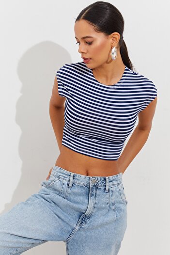 Cool & Sexy Női sötétkék-fehér csíkos Crop póló BK1605