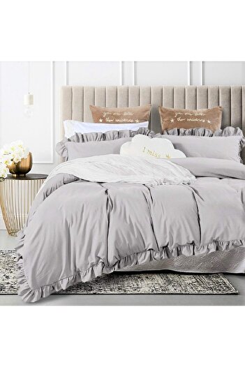 makiteks One Hundred Percent Cotton Frilly Ornamental Stitched Light Gray Double Duvet Cover and Pillowcase Set