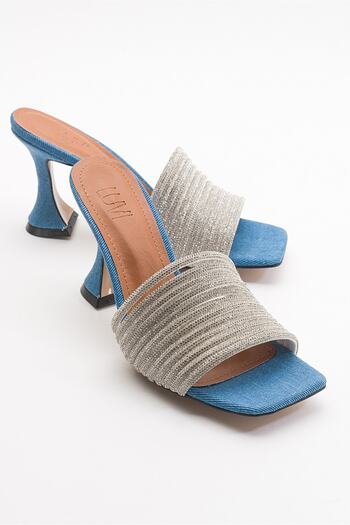 LuviShoes Doje Denim Blue Stone Heeled Slippers