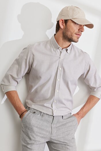 ALTINYILDIZ CLASSICS Men's Beige Comfort Fit Relaxed Fit Button-Down Collar Cotton Striped Shirt