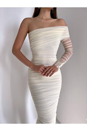 NARKO Rochie de seară elegantă Laurest Ecru, cu o singură mânecă, căptușită cu țesătură din tul, cu fantă pe spate