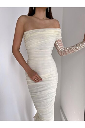 NARKO Rochie de seară elegantă Laurest Ecru, cu o singură mânecă, căptușită cu țesătură din tul, cu fantă pe spate