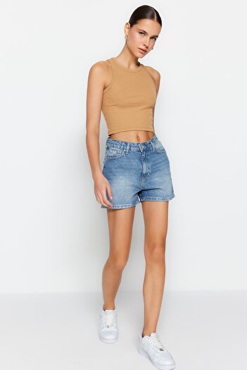 Trendyol Collection Blue High Waist City Boy Denim Shorts Twoss23Sr00199