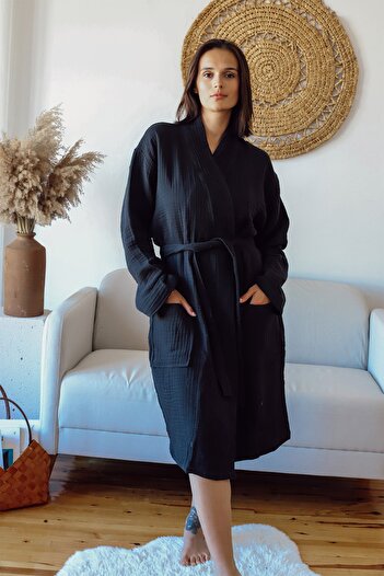 vivamaison Adult Kimono Bathrobe, 100% Cotton 4 Layers Multi Muslin Black