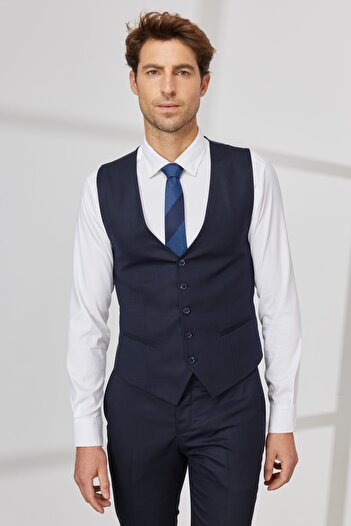 ALTINYILDIZ CLASSICS Men's Navy Blue Extra Slim Fit Slim Fit Wool Dobby Vest Suit