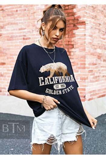 Buğraterzimoda Каліфорнія Голден Стейт Друкована Вінтажна Синя Оверсайз Жіноча Футболка