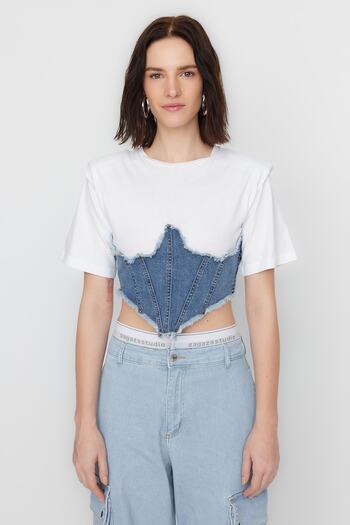 Trendyol Collection X Sagaza Studio Μπλε κορσέ Λεπτομερές τζιν μπουστάκι TCLSS23BZ00004