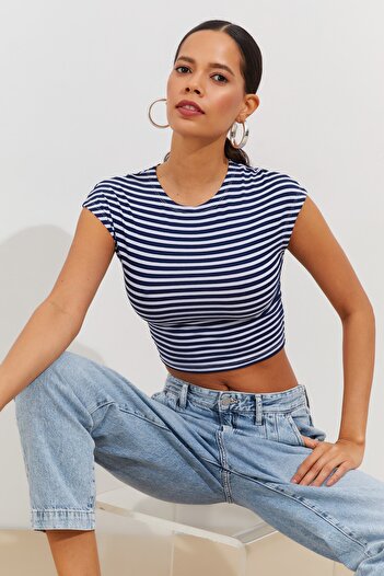 Cool & Sexy Női sötétkék-fehér csíkos Crop póló BK1605