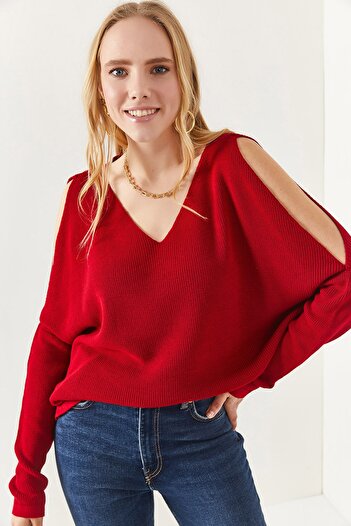 Olalook Damen-Strickbluse in Weinrot mit V-Ausschnitt und Schulterdekolleté, legere Strickbluse BLZ-19002191
