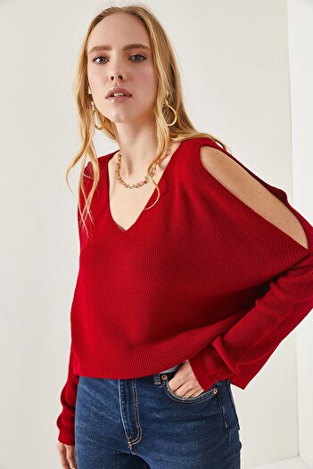 Olalook Damen-Strickbluse in Weinrot mit V-Ausschnitt und Schulterdekolleté, legere Strickbluse BLZ-19002191