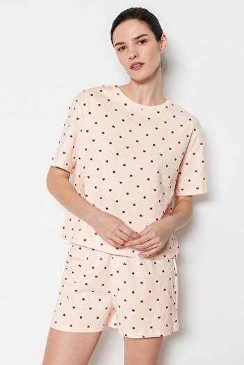 Trendyol Collection Light Pink 100% Cotton Polka Dot and Heart Shorts Knitted Pajamas Set Thmss21Pt1485
