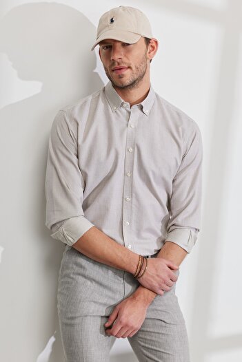ALTINYILDIZ CLASSICS Men's Beige Comfort Fit Relaxed Fit Button-Down Collar Cotton Striped Shirt