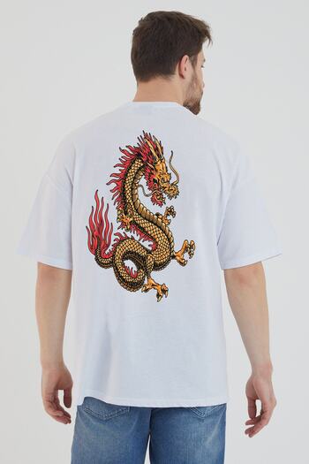 DEEPSENCE Men's Oversize T-shirt White Dragon Gold Back Printed