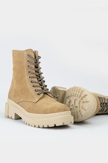 TUNAELLİ Kadın Bej Süet Hakiki Deri 35-41 Bağcıklı Bot & Bootie