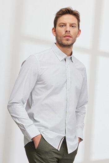 ALTINYILDIZ CLASSICS Men's White-khaki Slim Fit Slim Fit Hidden Button Collar Printed Shirt