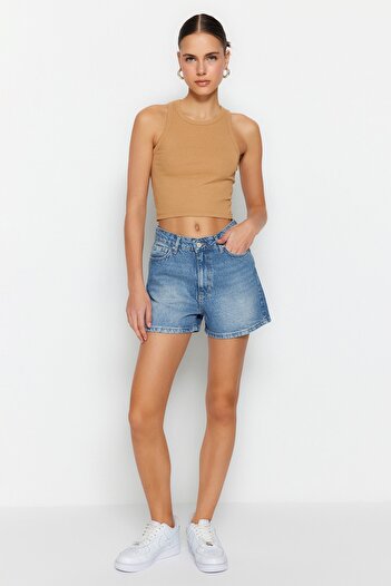 Trendyol Collection Blue High Waist City Boy Denim Shorts Twoss23Sr00199