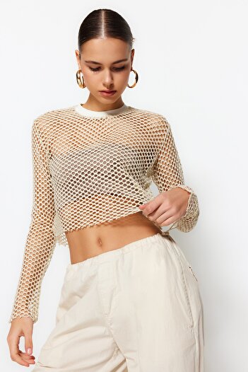 Trendyol Collection Beige Lurex Mesh Relaxed Cut Crew Neck Crop Knitted Blouse TWOSS23BZ00523