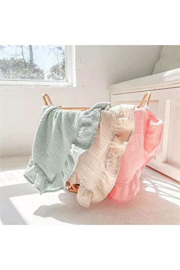 Tinybabyconcept Soft Organic 100% Cotton 4 Layer Muslin Ruffled Swaddle Cover Baby Blanket 110x110 Cm
