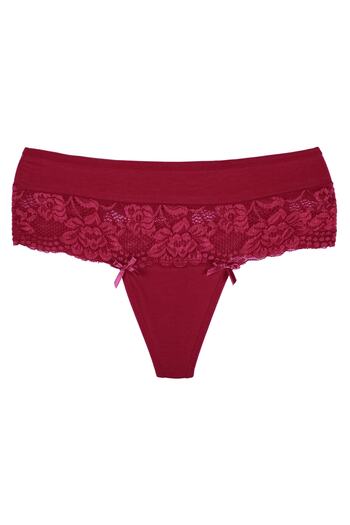 Zena High Waist Lace Detailed Burgundy Cotton Women's Thong Panties - Large Size