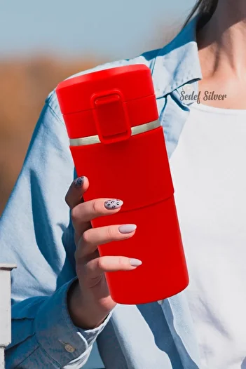 SEDEF SİLVER 304 Stainless Steel 400 Ml Tea Coffee Cup Thermos with Non-Slip Rubber Locked Lid and Strainer Filter