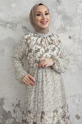 InStyle Φόρεμα σιφόν Nessa Floral ζωσμένο - Καφέ