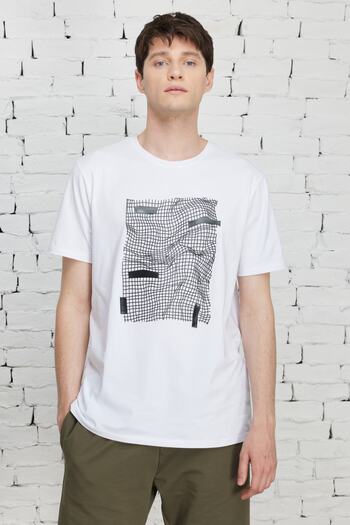 ALTINYILDIZ CLASSICS Men's White Slim Fit Narrow Cut Crew Neck Cotton Printed T-Shirt