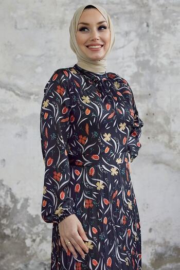 InStyle Φόρεμα Seba Flower Pattern Πλισέ σατέν - Μαύρο