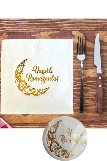Parti dolabı 16 Pack Happy Ramadan Gold Gilded Napkin Gold Leaf Ramadan Iftar Room Decoration 16x16 Cm