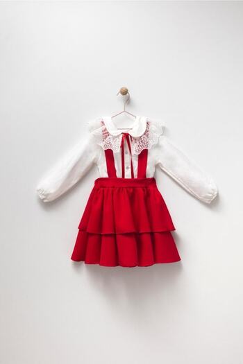 Magu Girl's Shirt Collar Lace Red Layered Skirt Salopet Dress