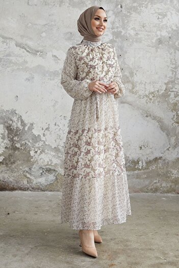 InStyle Φόρεμα σιφόν Nessa Floral Belted - Πούδρα