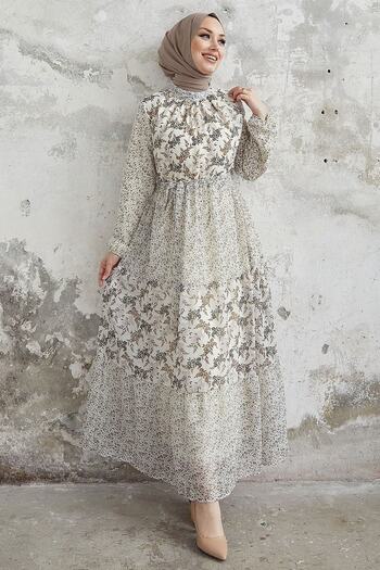 InStyle Φόρεμα σιφόν Nessa Floral ζωσμένο - Καφέ