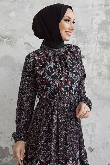 InStyle Nessa Floral Belted Chiffon Dress - Black