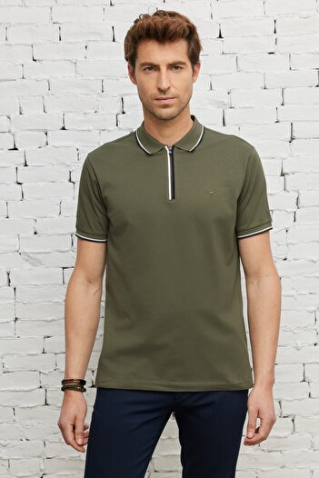 ALTINYILDIZ CLASSICS Men's Khaki Slim Fit Slim Fit Polo Neck Cotton Short Sleeve T-Shirt