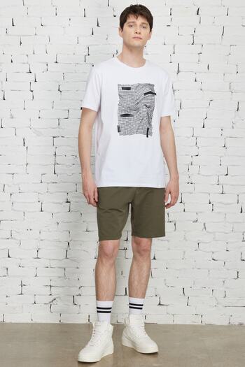 ALTINYILDIZ CLASSICS Men's White Slim Fit Narrow Cut Crew Neck Cotton Printed T-Shirt