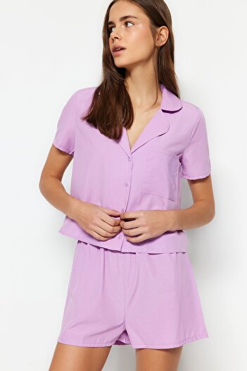 Trendyol Collection Σετ πιτζάμες λιλά Terrycotton με υφαντό σορτς THMSS23PT00132