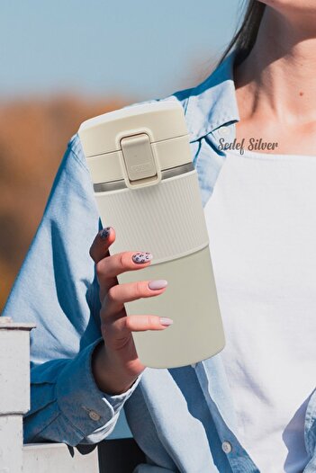 SEDEF SİLVER 304 Stainless Steel 400 Ml Tea Coffee Cup Thermos with Non-Slip Rubber Locked Lid and Strainer Filter