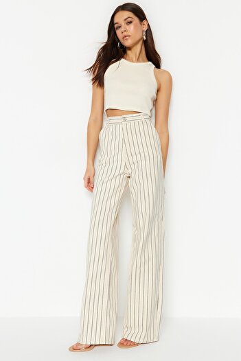Trendyol Collection Többszínű csíkos, magas derekú, széles lábszárú farmernadrág TWOSS23JE00247