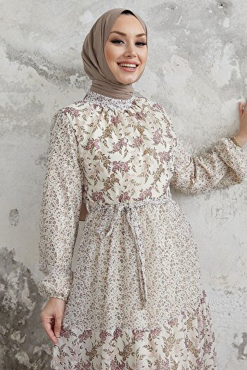 InStyle Φόρεμα σιφόν Nessa Floral Belted - Πούδρα