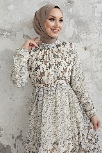 InStyle Φόρεμα σιφόν Nessa Floral ζωσμένο - Καφέ