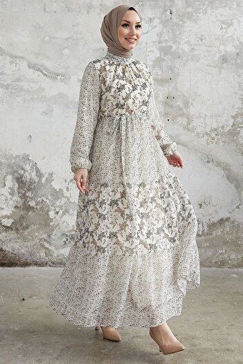 InStyle Φόρεμα σιφόν Nessa Floral ζωσμένο - Καφέ