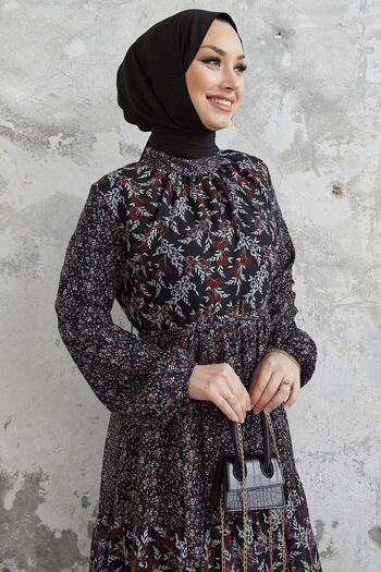 InStyle Φόρεμα σιφόν Nessa Floral ζωσμένο - Μαύρο