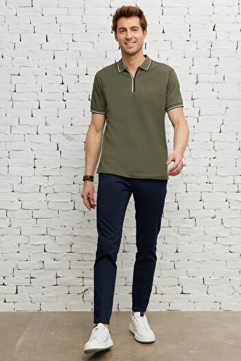 ALTINYILDIZ CLASSICS Men's Khaki Slim Fit Slim Fit Polo Neck Cotton Short Sleeve T-Shirt