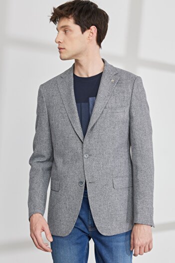 ALTINYILDIZ CLASSICS Men's Gray Slim Fit Narrow Cut Mono Collar Dobby Jacket