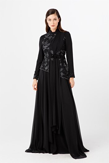 Esswaap Black Gathered Front and Back, Flower Detailed Evening Dress