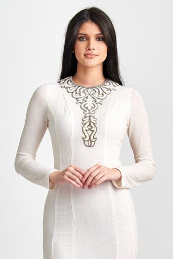 Esswaap Ecru Collar Pasting Jewelled Fish Collar Evening Dress
