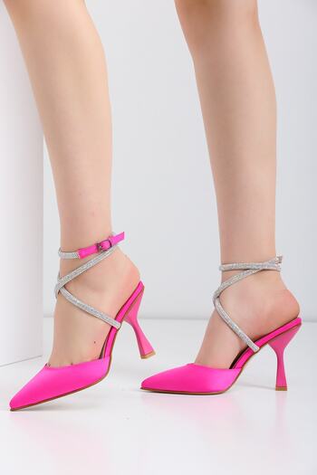 La Limar 8.5 Cm Fuchsia Satin Thin Heeled Ankle Strap Stiletto Women's Heeled Shoes